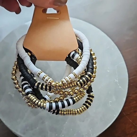 Trendy stackable black, white, & gold elastic bracelets with gift bag - Picture 4 of 6